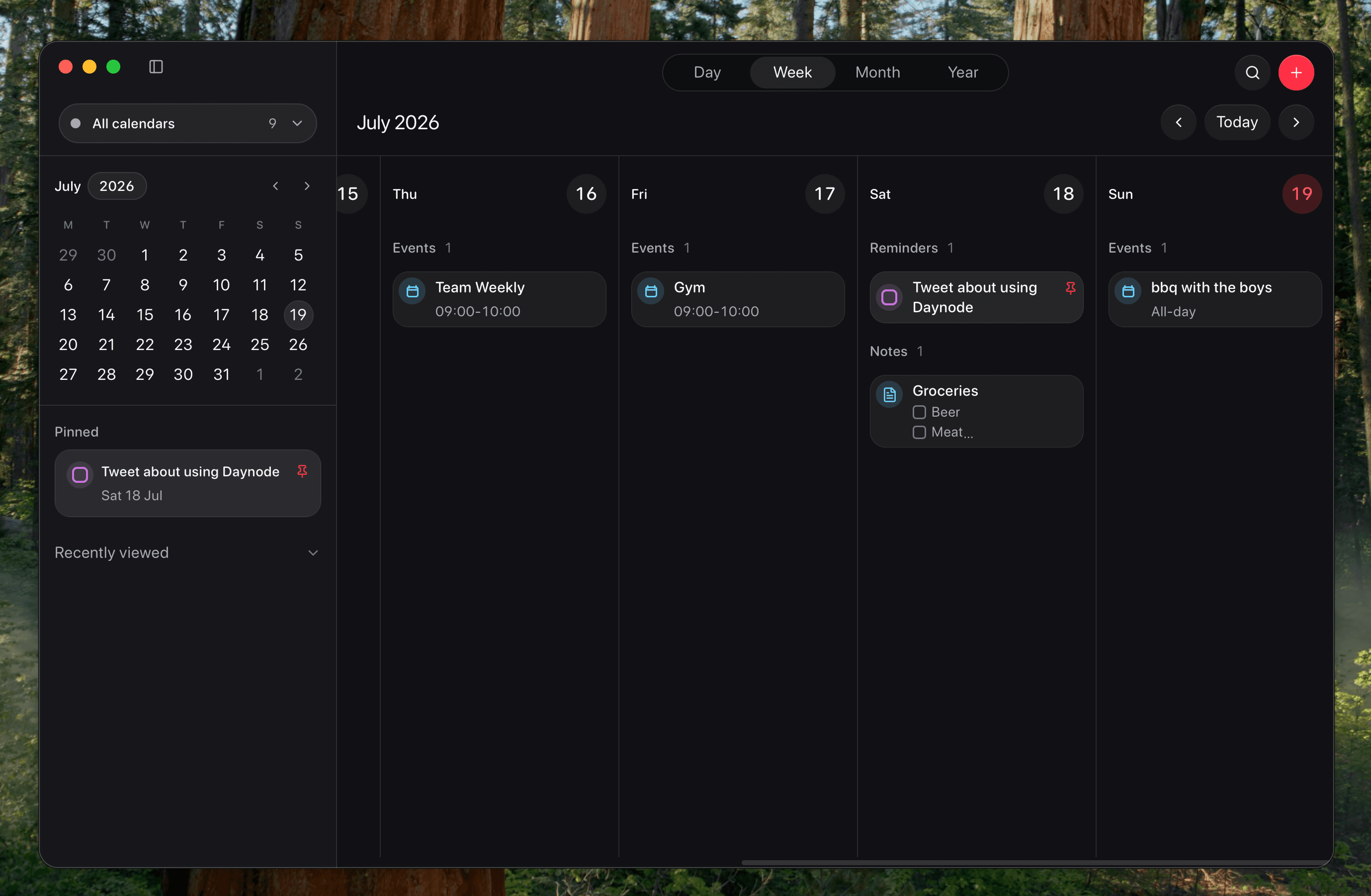 Daynode showing calendar events, reminders, and notes in week view.